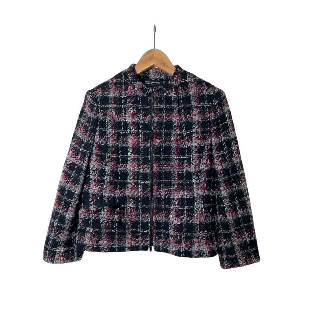 Jones New York Collection Blue Pink Tweed Plaid Jacket  Wool Blend Blazer Coat 4